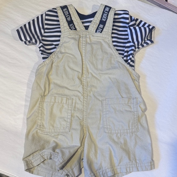 Tommy Hilfiger Kids Tan Overalls with Navy Striped Shirt - Picture 3 of 3